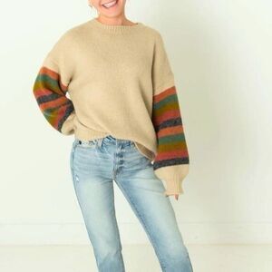 Lush Cozy Multicolor Striped sleeve Women's oversized Cozycore Sweater SMALL 715
